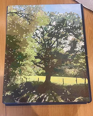 Sunlit tree in a peaceful countryside setting recreated as a personalized paint by numbers landscape