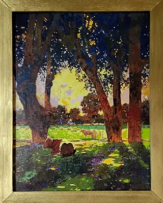 Sunlit woodland landscape with grazing animals in a custom paint by numbers artwork
