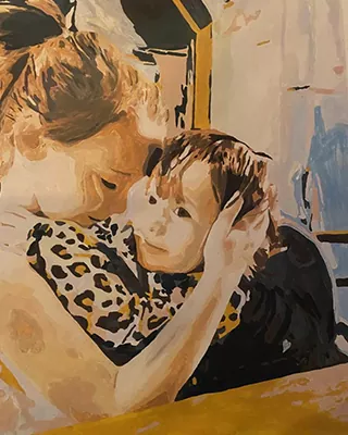 Tender moment between a woman and child in a custom paint by numbers portrait