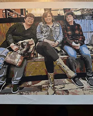 Three women sitting together in a personalized paint by numbers portrait