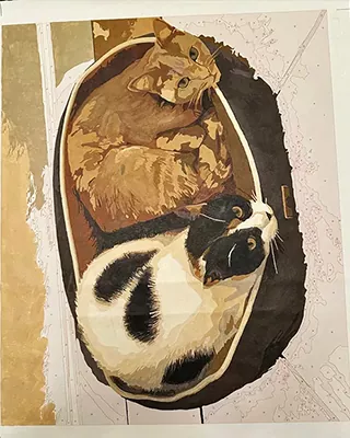 Two cats curled up together in a custom paint by numbers artwork