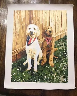 Two dogs posing together outdoors in a custom paint by numbers portrait