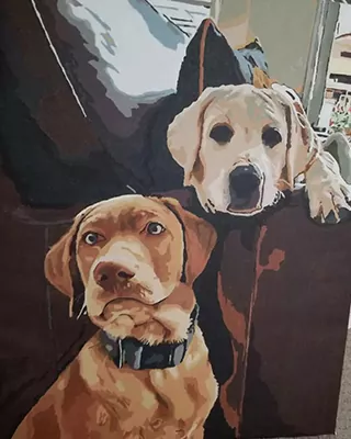 Two dogs relaxing together in a custom paint by numbers portrait