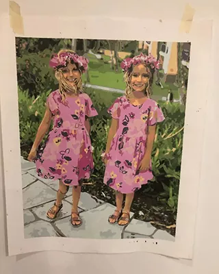 Two girls in matching pink dresses and flower crowns in a personalized paint by numbers portrait