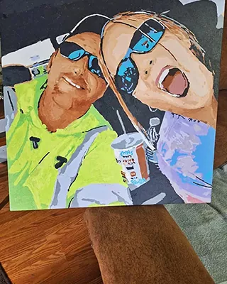 Two people in sunglasses sharing a fun moment in a custom paint by numbers portrait