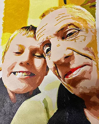 Two people smiling together in a custom paint by numbers portrait