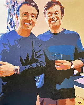 Two smiling men posing together in a custom paint by numbers portrait