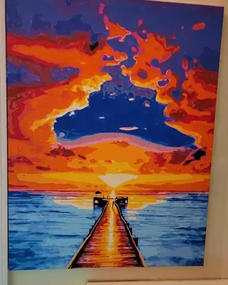 Vibrant sunset paint by numbers landscape with a wooden pier stretching into the sea
