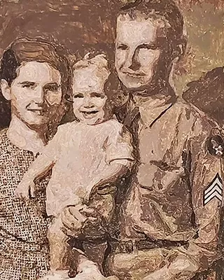 Vintage style custom paint by numbers family portrait of two adults with a smiling child