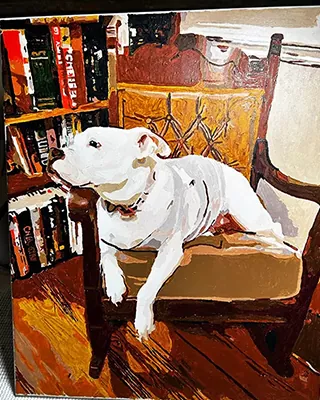 White dog relaxing on a chair in a custom paint by numbers portrait