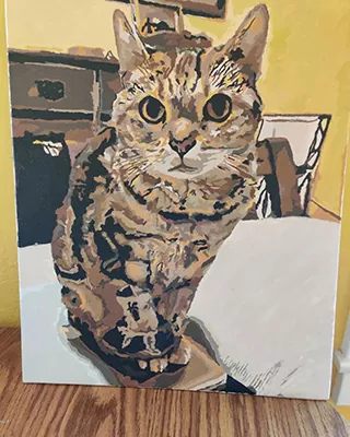 Wide eyed tabby cat captured in a custom paint by numbers portrait