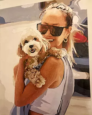 Woman in sunglasses holding her small dog in a custom paint by numbers portrait