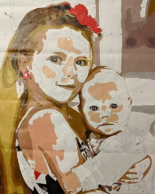 Young girl holding a baby in a custom paint by numbers portrait